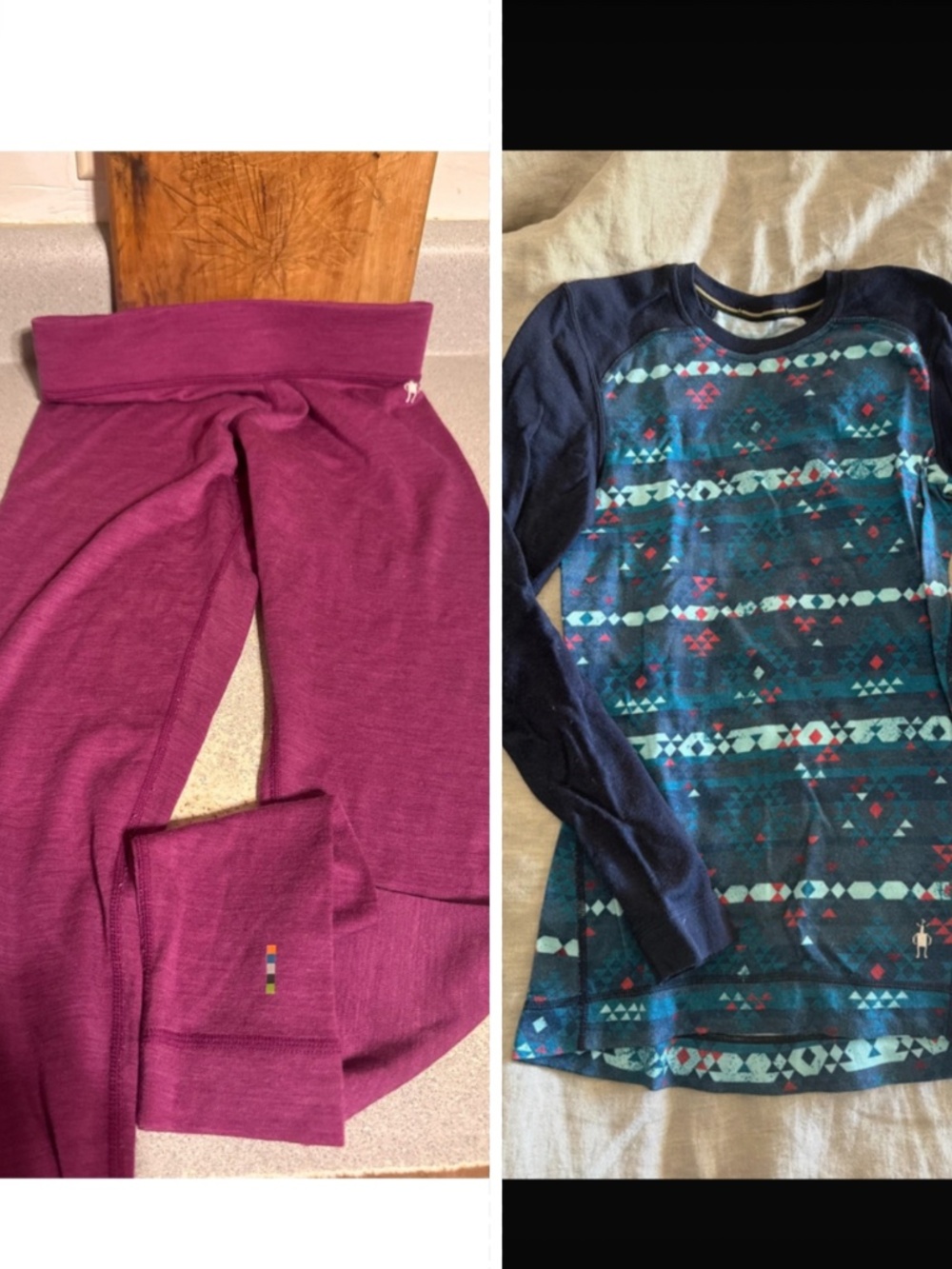 Two-piece Smartwool  set. Plum merino 250 leggings for cozy warmth. Navy long-sl